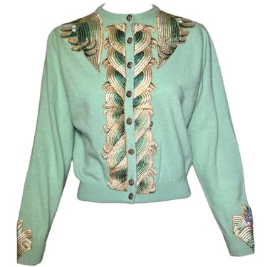 Chinese Qing Embroidery Appliqué Turquoise Cashmere Cardigan Sweater- RARE