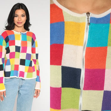 Checkered Cardigan Sweater 00s Rainbow Color Block Zip Up Sweater Small Bright Red Blue 2000s Knit Sweater Y2K Vintage Ramie Cotton Small 