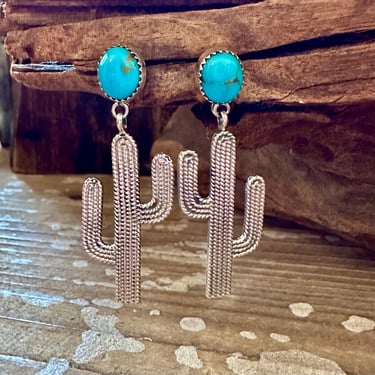 SILVER CACTUS DELIGHT Turquoise Stud Earrings | Sterling Silver Dangle Cacti | Navajo, Native American Handmade | Southwestern Jewelry 