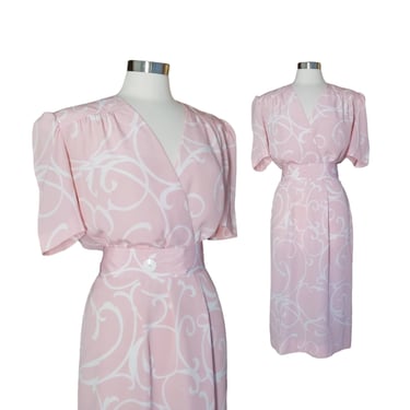 Vintage Pink Day Dress, Large / Short Sleeve 40s Style Dress / Big Shoulder Day Dress / Surplice Top Midi Dress / Pink Belted Cocktail Dress 
