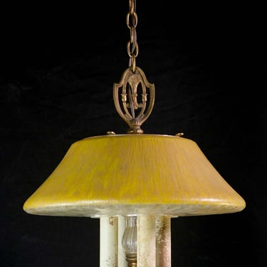 1920s Cast Glass Yellow Mushroom 4 Candlesticks Pendant Light