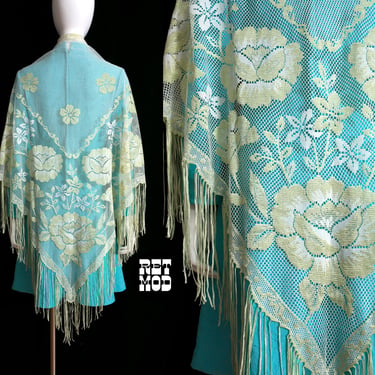 Gorgeous Vintage 60s 70s Pastel Green & White Floral Fringed Shawl 