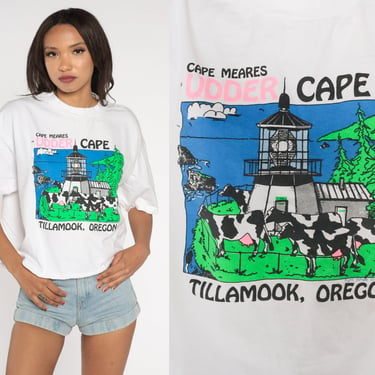 Tillamook Oregon Shirt 90s Dairy Farm T-Shirt Funny Cow Graphic Tee Udder Cape Mears TShirt PNW Raw Hem White Vintage 1990s Extra Large xl 