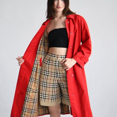 BURBERRY LONDON for Galtrucco Milano Trench Coat in Rouge with Nova Check Lining Overcoat Haymarket Jacket Burberry's Plaid 90s Red 