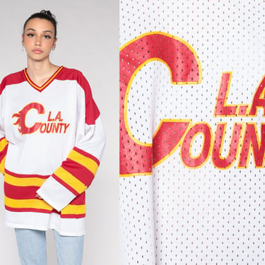 LA County Fire Hockey Shirt 90s Mesh Jersey White Red Los Angeles Number 1 Long Sleeve Sports Athletic Sportswear Vintage 1990s Mens 2xl xxl 