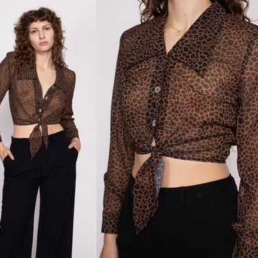 Small 90s Sheer Giraffe Print Tie Front Crop Top | Vintage Collared Abalone Button Up Cropped Blouse 