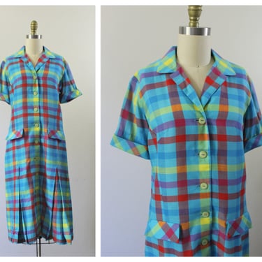 Vintage 1950s 60s Women's Vintage cotton day Dress Serbin Striped check Blue Shift plaid / modern medium  US 6 8 