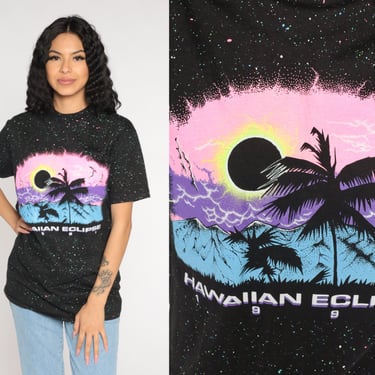 Hawaiian Eclipse Shirt 1991 Solar Eclipse T-Shirt Splatter Paint Hawaii Palm Tree Graphic Tee Tourist Top Black Vintage 1990s Small Medium 