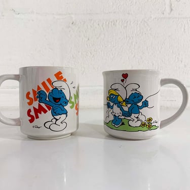 Vintage Smurfs Mugs Set of 2 Pair Ceramic Tea Coffee Retro Kitsch Kitchen 1980s 1981 Cartoon 