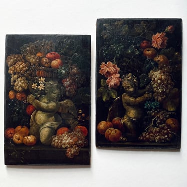 Pair of Fine Antique 17-18th C Baroque Paintings Cherubs Putti w Fruit & Flowers 