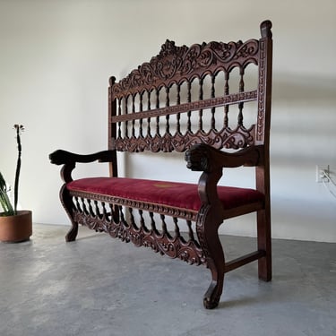Vintage Spanish Colonial - Style Carved Mahogany Wood Hall  Bench 