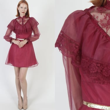 Burgundy Prairie Wedding Mini Dress, Vintage 70s Sheer Floral Lace Bridal, Simple Bridesmaids Capelet Dress 