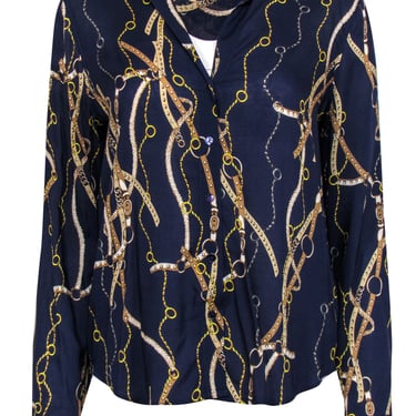 L’Agence - Navy Horse Bridle Printed Button-Up Blouse Sz M