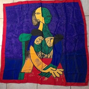 Vintage 80s Large Silk Picasso Scarf  Purple/Blue/Yellow/Red/Green 