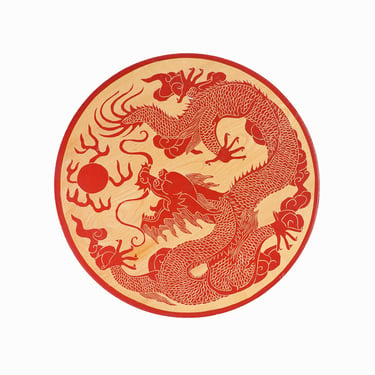 Chinese Dragon Wooden Plaque Wall Sculpture Red Round Decorative Tile 