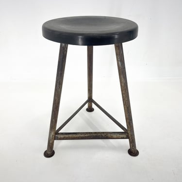 Vintage Industrial Iron Tripod Stool with Original Plastic Seat, 1950's / Industrial Furniture / Original Low Stool 