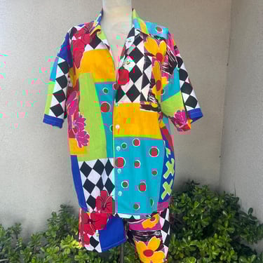Vintage Mary Quant 80s outfit shirt shorts colorful floral print unisex OS 