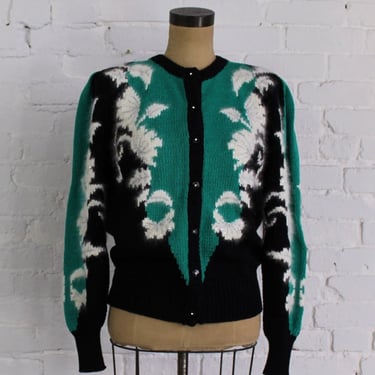 1980s Green & Black Floral Sweater Jacket | Green Color Blocked Floral Cardigan | Medium 