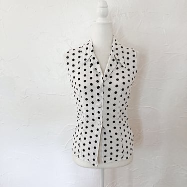 90s White and Black Polka Dot Collared Sleeveless Rayon Blouse | Extra Small/Small 