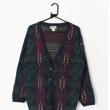 Womens vintage longline cardigan in navy with green and red aztec design and tassels. Made in USA - Medium / Large 