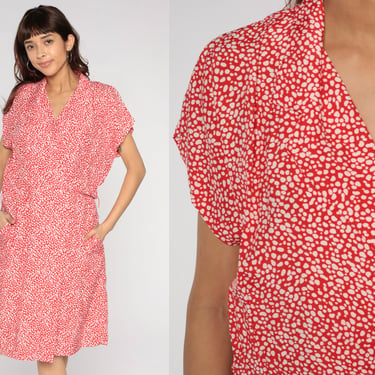 Midi Wrap Dress 80s 90s Red Pebble Print Pocket Dress V Neck Short Sleeve High Waisted Secretary Dress Day Vintage All That Jazz Large 14 