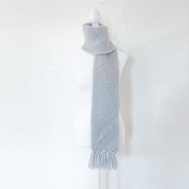 Vintage Handmade Light Blue Fuzzy Knit Fringed Scarf 
