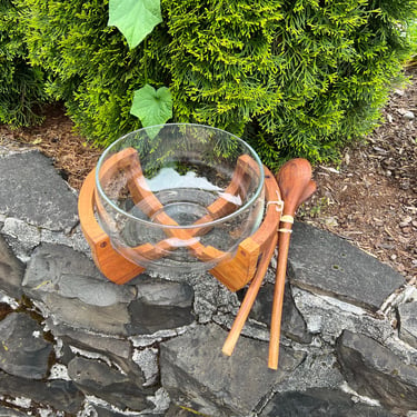 Mid Century Teak Glass Serving Bowl with Stand and Spoons 
