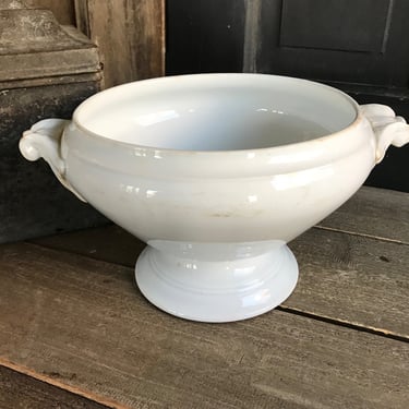 Antique French Ironstone Compote, Faïence Tureen, Opaque Luneville Pottery, Lidded Fruit Bowl, Pedestal, Tureen, Tea Stained 