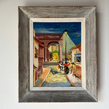 1950's Phoebe Towbin Mexican Street Village Oil Painting, Frame 