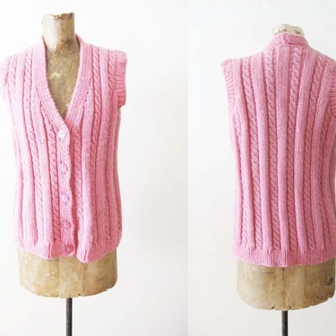 Vintage Knit Vest M - Pink Knitted Sweater Vest - Button Up Cable Knit Vest - Cottagecore Clothing 
