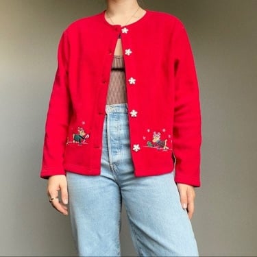 Vintage 90s Women’s Red Fleece Holiday Christmas Novelty Embroidered Cardigan M 