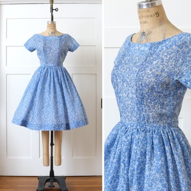 vintage 1950s floral dress • full skirt Jonathan Logan blue daisy print semi sheer dress 