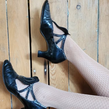 20s Black Leather Shoes Pumps Velvet Art Deco Vamps Size 6 Hanan & Son 