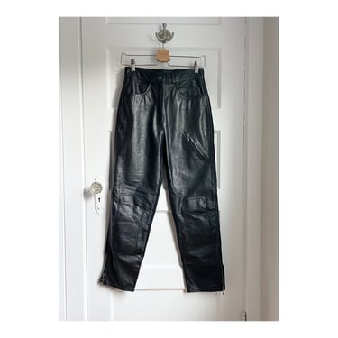1990s / Y2K Harley Davidson Black Leather Moto Pants- high waist/ankle zip tapered leg- size 28 waist 