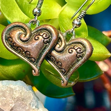 Vintage Copper Heart Earrings Scroll Love Dangle Drop Earrings Retro Jewelry 90s 