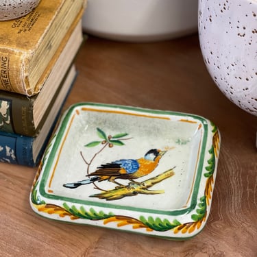Vintage Handmade Ceramic Pottery Tray Bird Design Hand Painted Green Orange Mid Century Modern Decor Animal 
