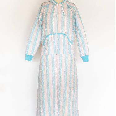 1970s Quilted Robe Loungewear Hooded House Dress M 
