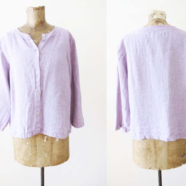 Eileen Fisher Linen Blouse M L - Lavender Purple Pastel Linen  Boxy Button Up - Natural Fiber Clothing 