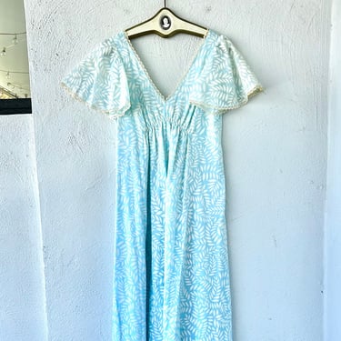 Vintage 60s 70s Hawaiian Princess Kaiulani Dress 1960s 1970s Carol Mary Lace Muumuu Blue White 