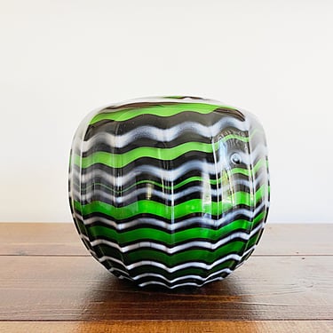 Heavy blown glass rose bowl vase, Chunky green striped art glass tabletop accent, Postmodern decor 