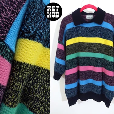 Cool Vintage 80s 90s Pastel Rainbow Stripe Collared Sweater 