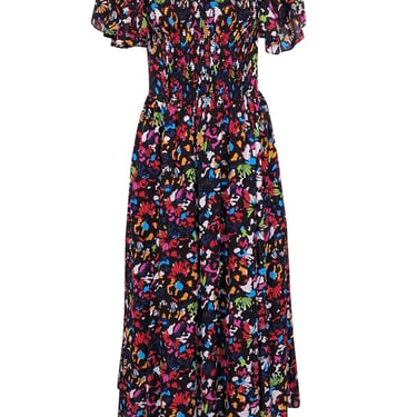Tanya Taylor - Black w/ Rainbow Confetti Print Silk Midi Dress Sz S
