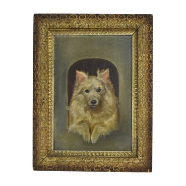 Antique 19th Century Dog in a Window Portrait Textured Oil Painting 