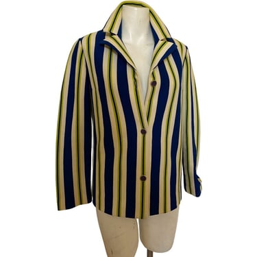 70's Vintage blazer lime green striped fitted blazer top, green white navy blue gold button women's polyester collared shirt blouse large l 