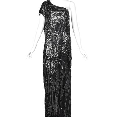 Krizia Vintage AW 2006 Black Silver Beaded Sequin Silk One Shoulder Gown