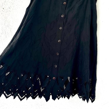 Vintage Hawaiian Balinese Lace Cutout Skirt Boho Embroidered Floral Black Button Up Skirt 