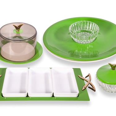 Vintage Kromex Green and White Glass & Brass Serving Set 