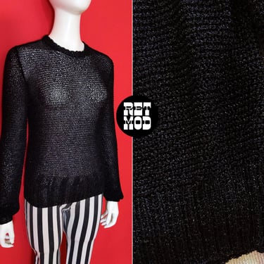 Sexy Vintage 70s Sparkly Metallic Black Crochet Long Sleeve Top 