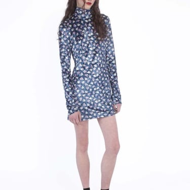 Anna Sui Posie Stretch Velvet Turtleneck Dress - Cornflower Multi