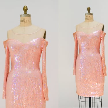 90s Vintage Pink Sequin Party Dress Small// Vintage Pink Sequin Barbie Party Dress Long Sleeve Sexy Pink sequin Dress Small 
